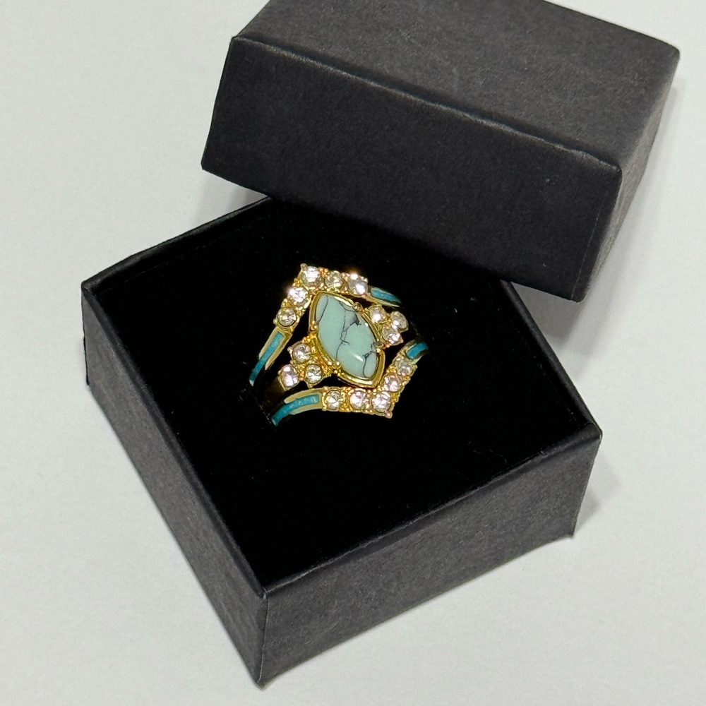 3 Piece Set 18K Gold Plated/Silver Multilayer Turquoise with Moissanite Rings